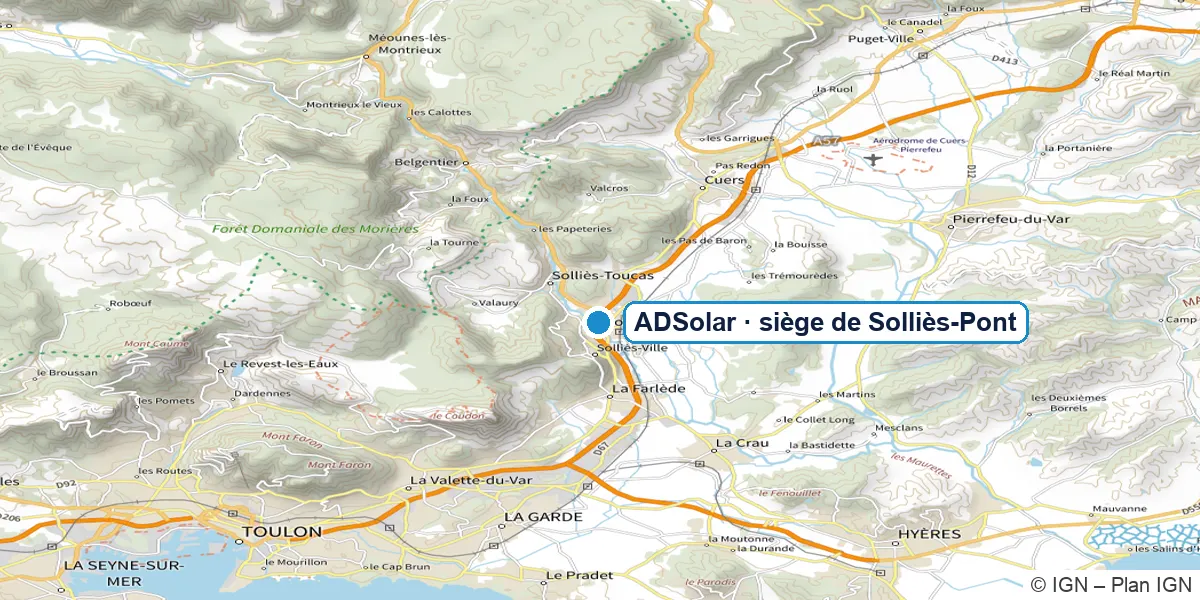 Carte : siège ADSolar au 1 chemin de l'Enclos à Solliès-Pont, entre Toulon et Cuers