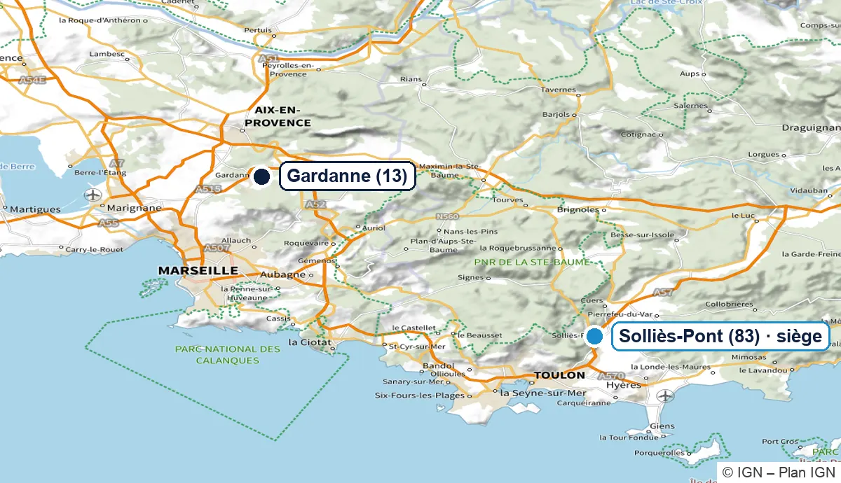 Carte des agences ADSolar : siège de Solliès-Pont dans le Var et agence de Gardanne dans les Bouches-du-Rhône
