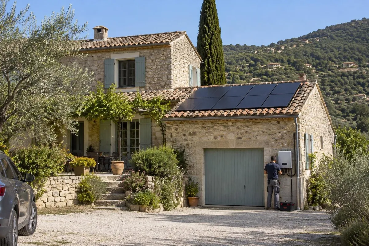 Maison provençale en pierre équipée de panneaux solaires sur son toit de tuiles, avec un électricien de dos vérifiant l'onduleur.