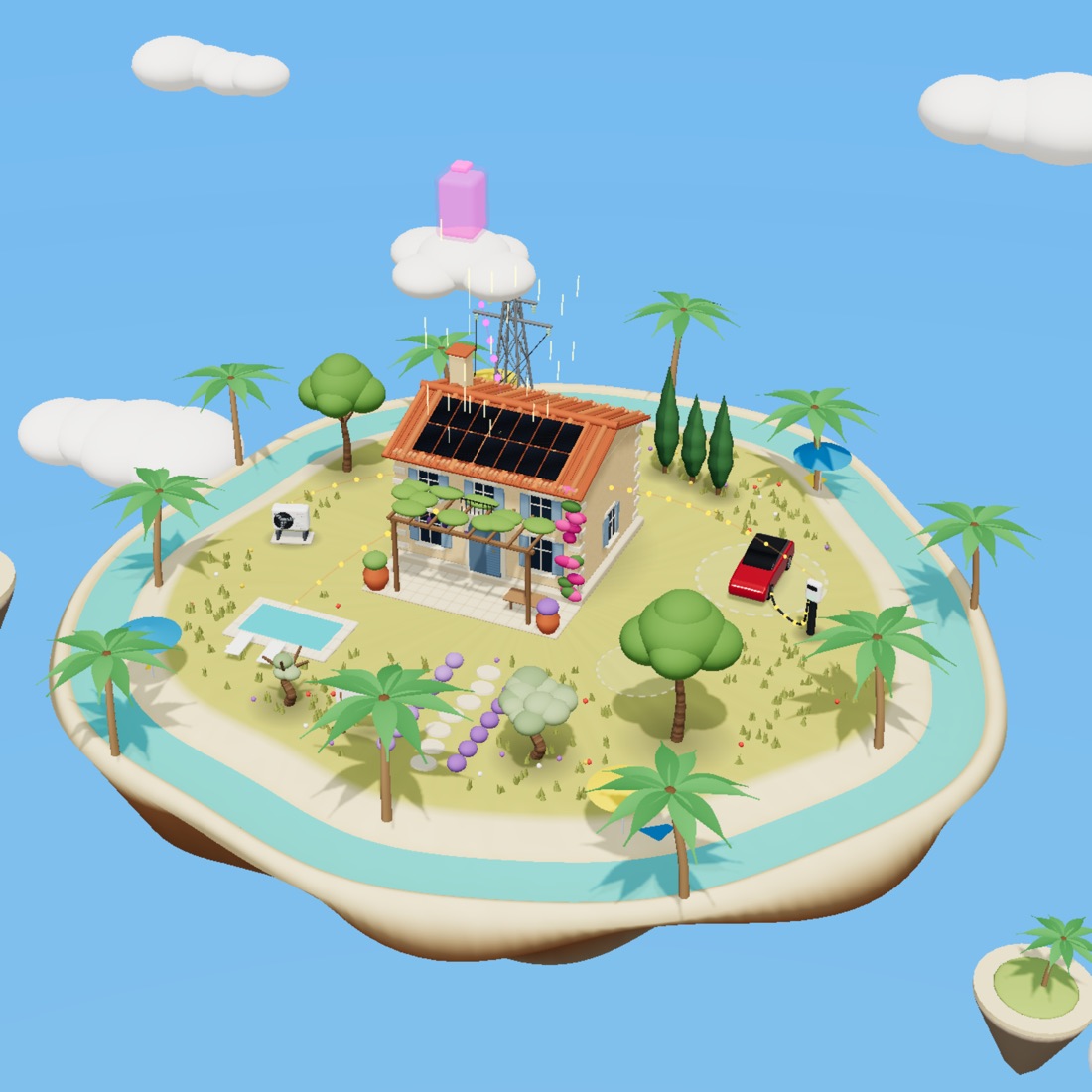 Simulateur solaire 3D ADSolar : maison provençale équipée de panneaux solaires, piscine et borne de recharge sur une île