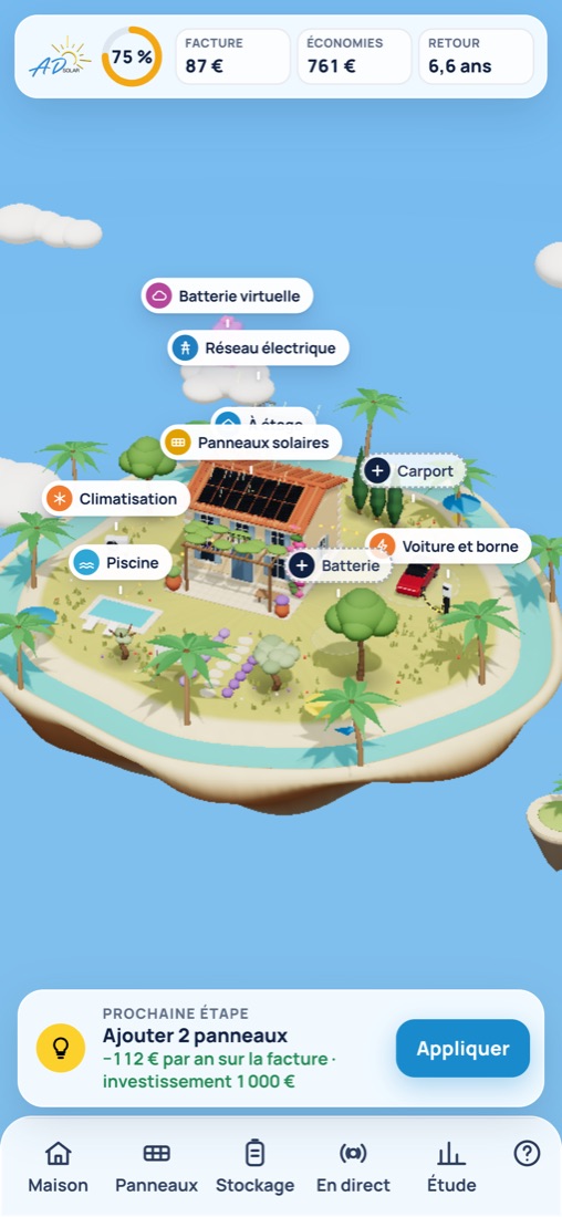 Accueil du simulateur solaire 3D ADSolar sur mobile