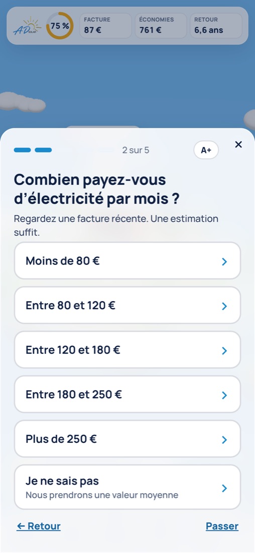 Question guidée du simulateur solaire 3D sur mobile