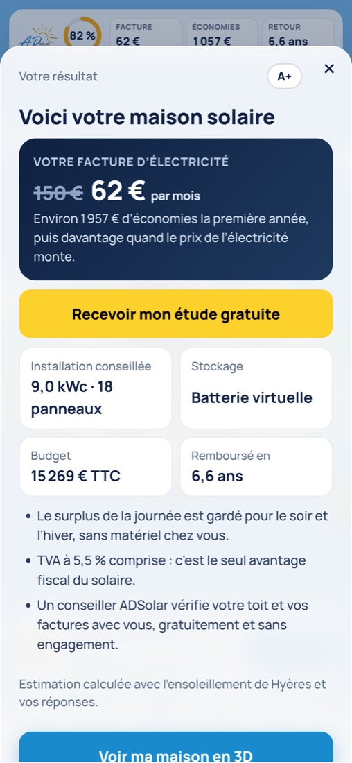 Résultat du simulateur solaire : facture avant et après, installation conseillée
